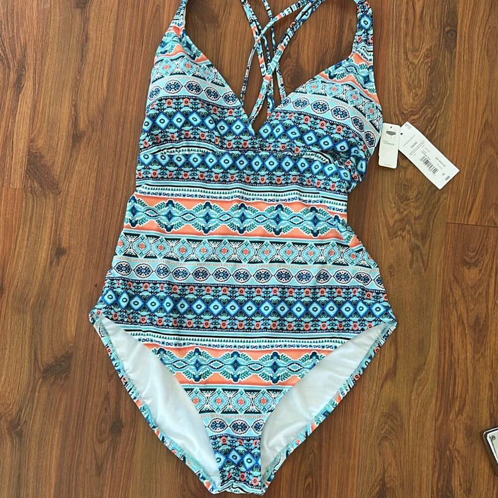 NWT Lis Claiborne BoHo blue and white one piece bathing suit size 10 swimsuit fu